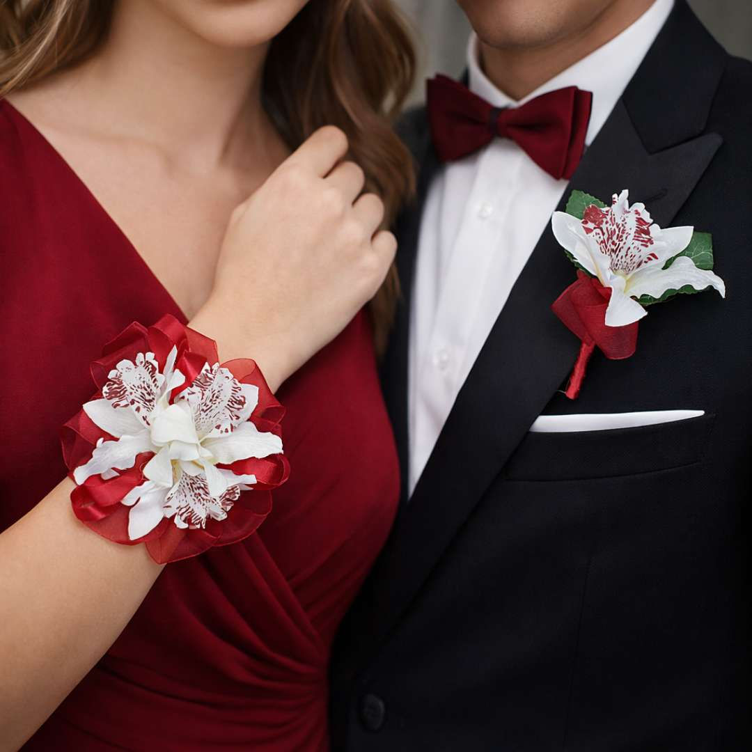 Burgundy And White Wrist Corsage Set