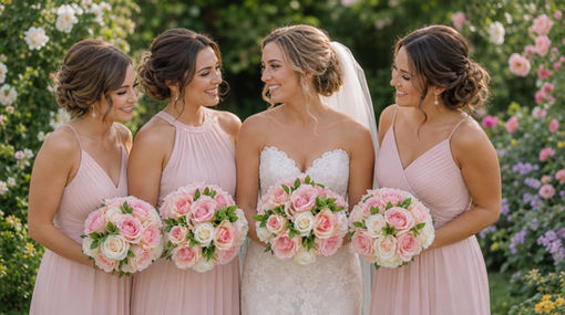 Bridal party holding Pink And White Bouquets