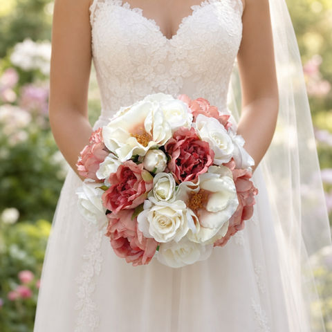 Bride holding a silk  Pink And White Bridal Bouquet in a garden wedding scene 