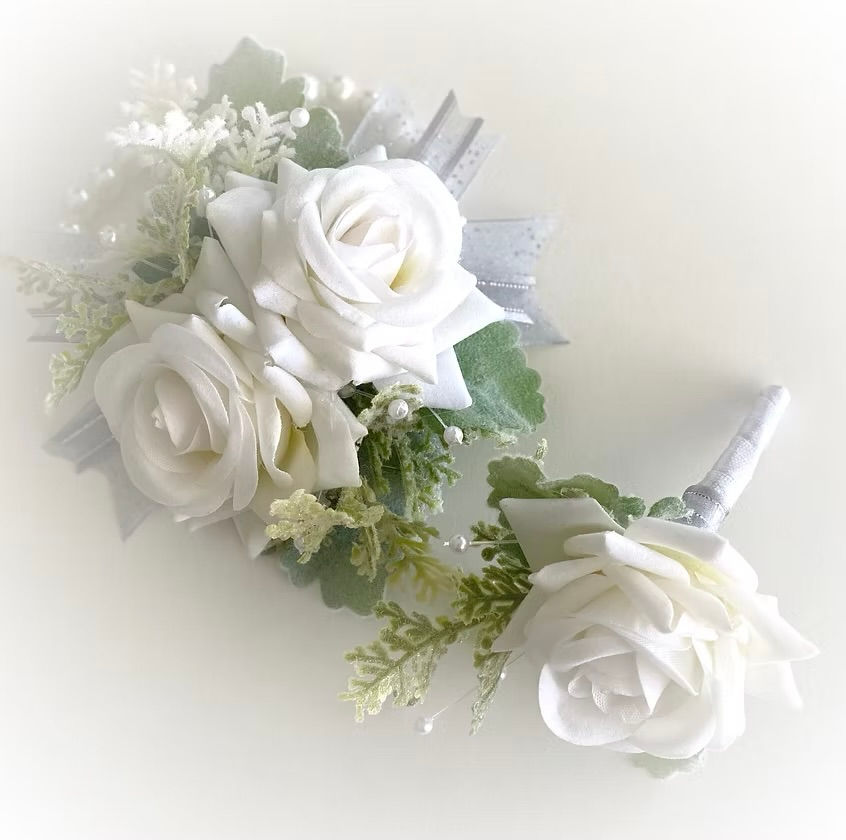 White Rose And Pearl Wrist Corsage And Buttonhole