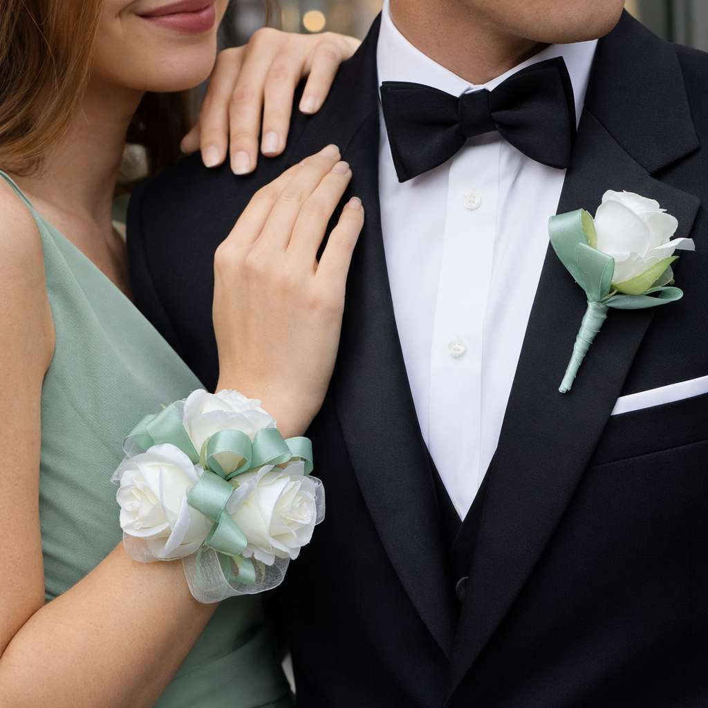 Sage Green And White Rose Corsage Set
