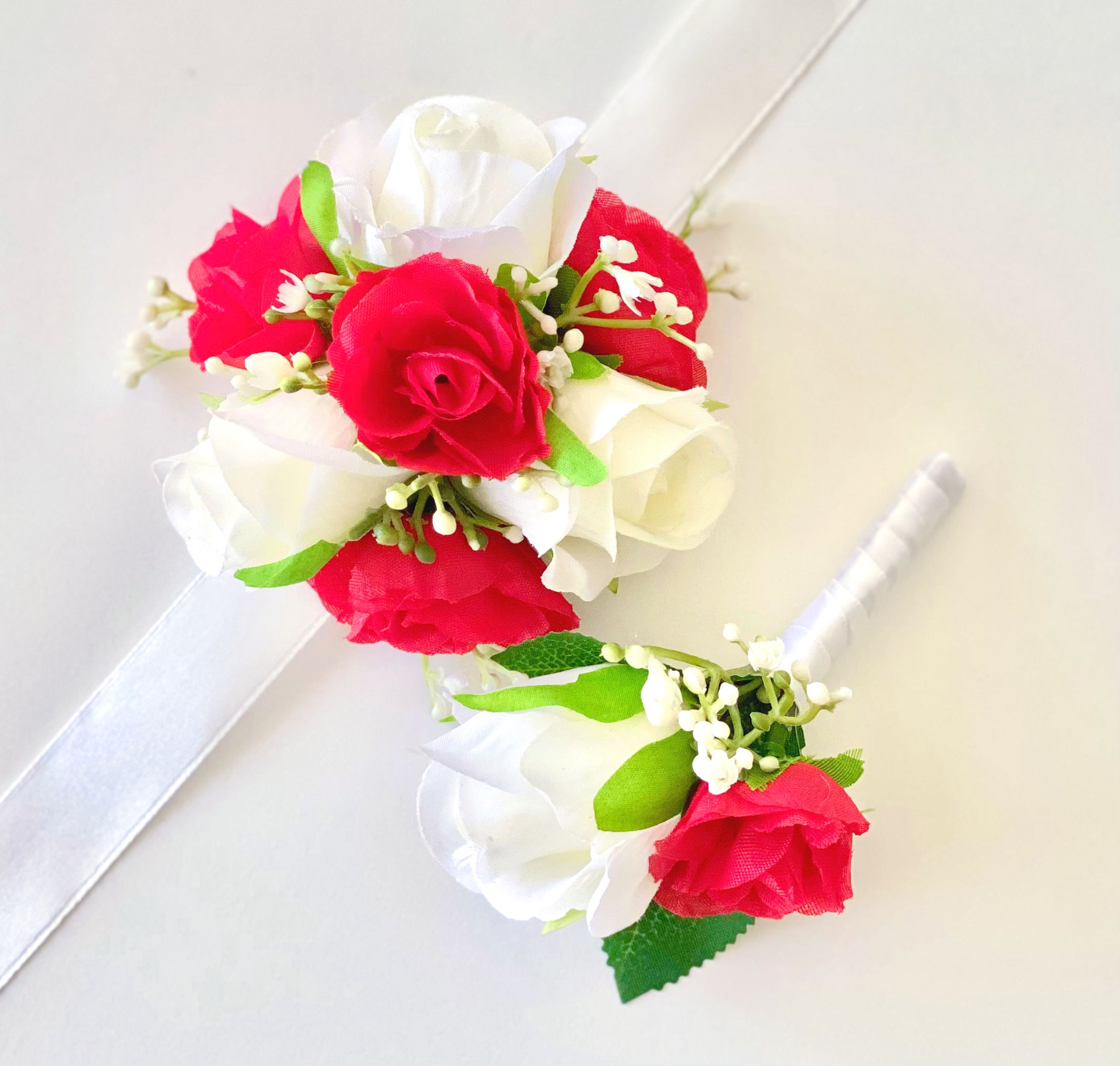 White And Red Rose Wrist Corsage Set