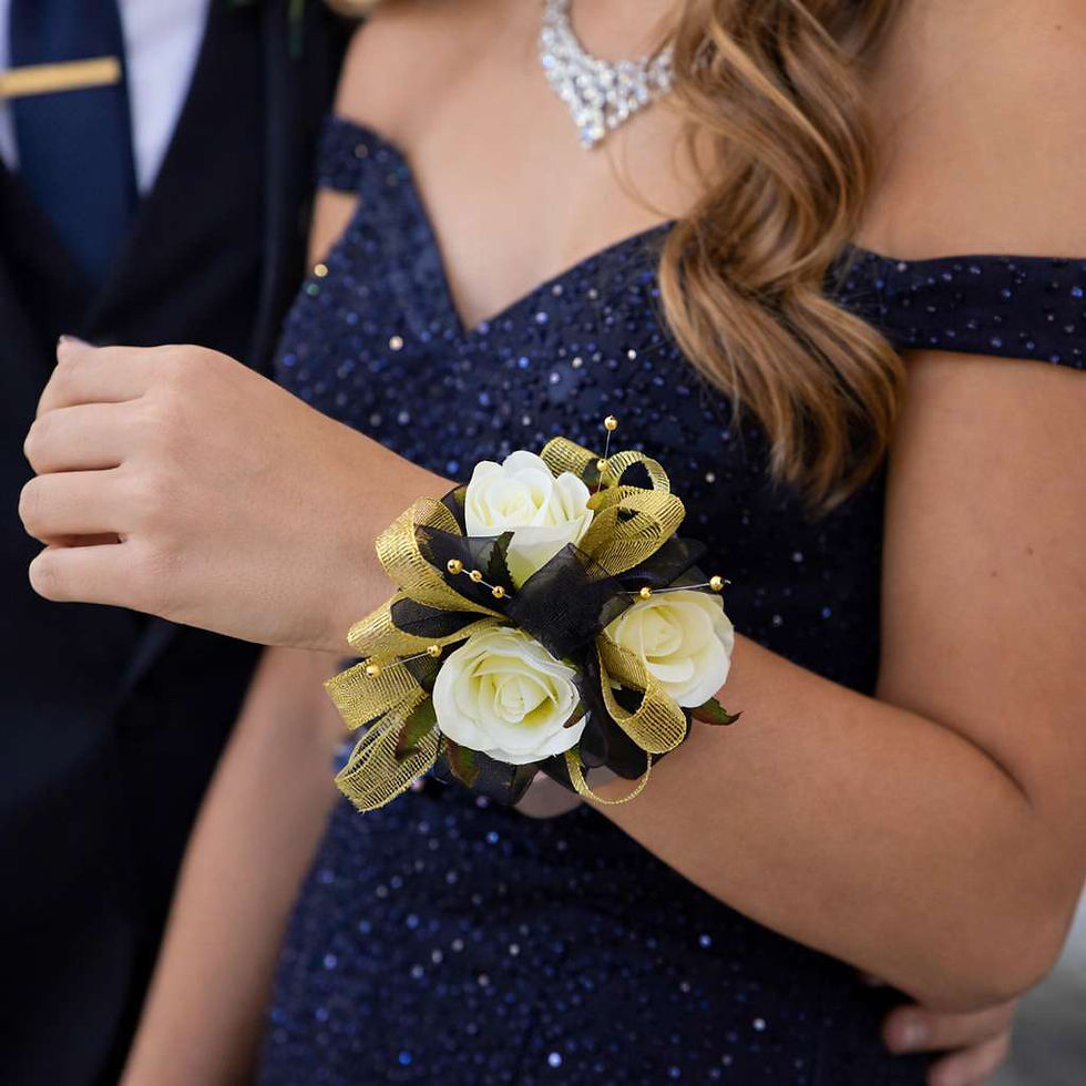 Thumbnail: Deluxe Black, Gold And White Rose Wrist Corsage