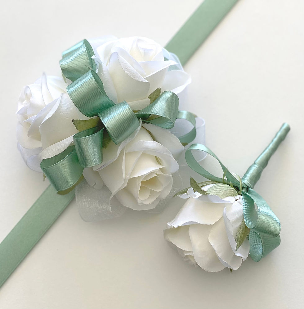 Sage Green And White Rose Corsage Set