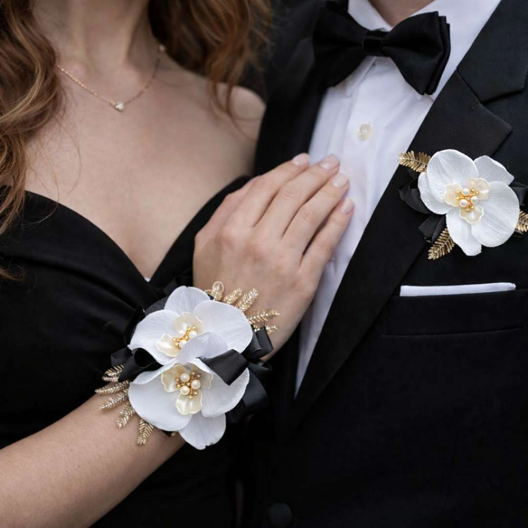 White, Black And Gold Wrist Corsage Set