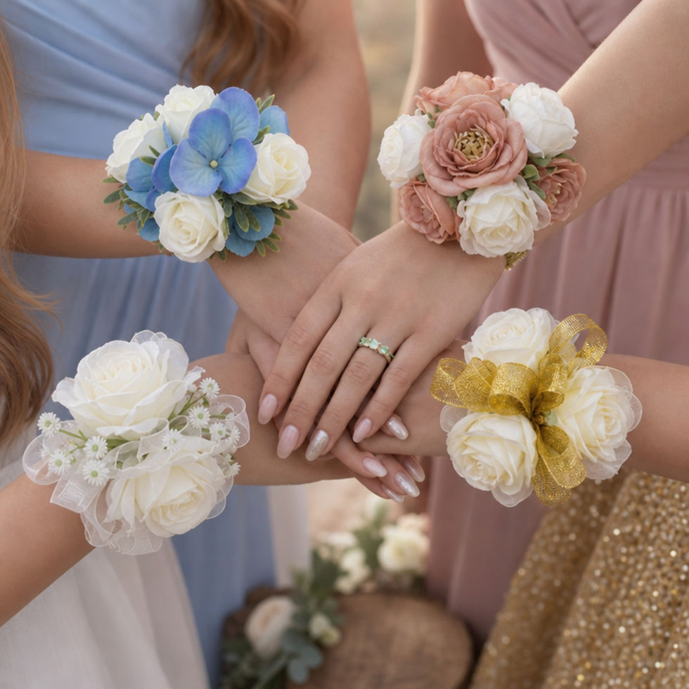 Eye-level view of a collection of colourful corsages arranged neatly on a table