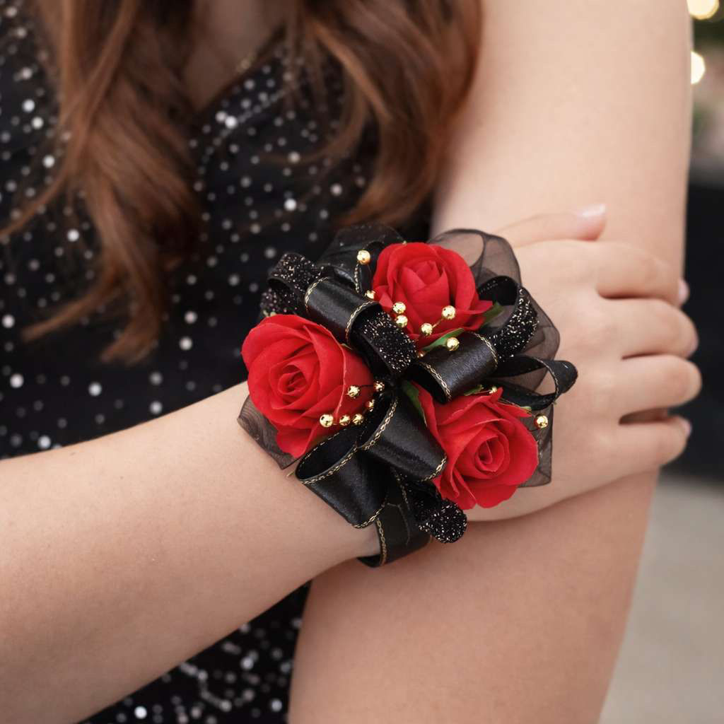 Deluxe Black And Red Rose Wrist Corsage