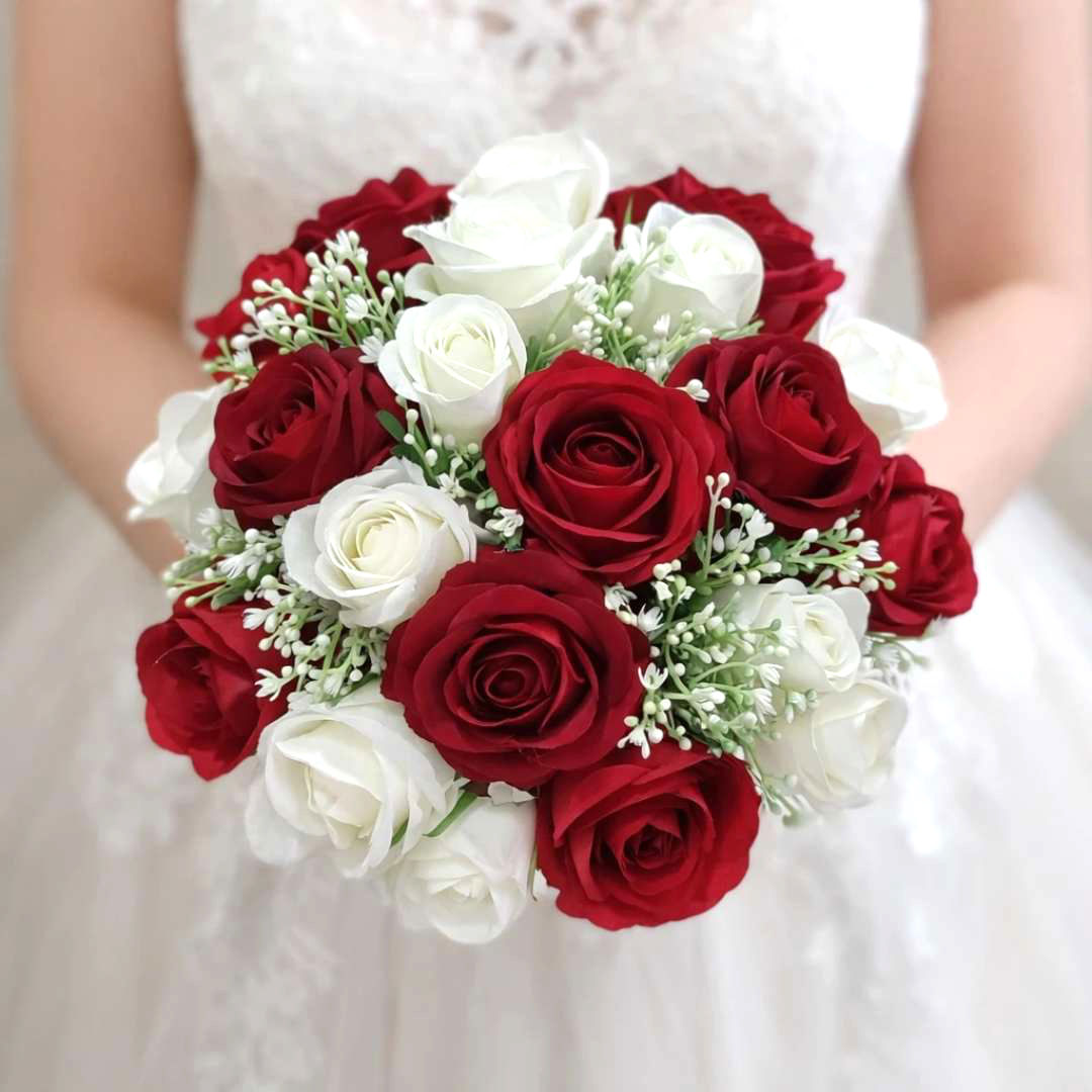 Burgundy And White Rose Wedding Bouquet