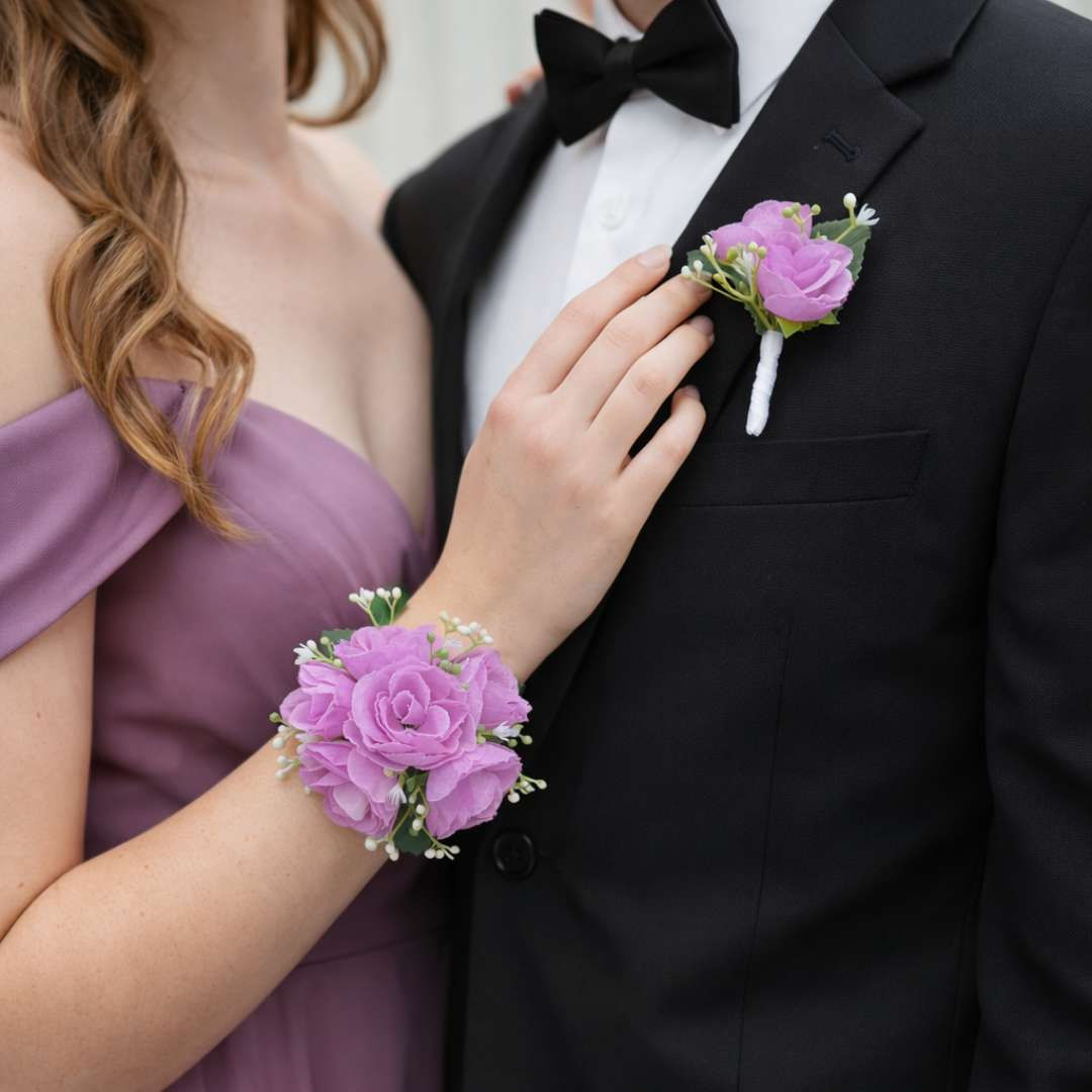 Lilac Spray Rose Wrist Corsage And Buttonhole