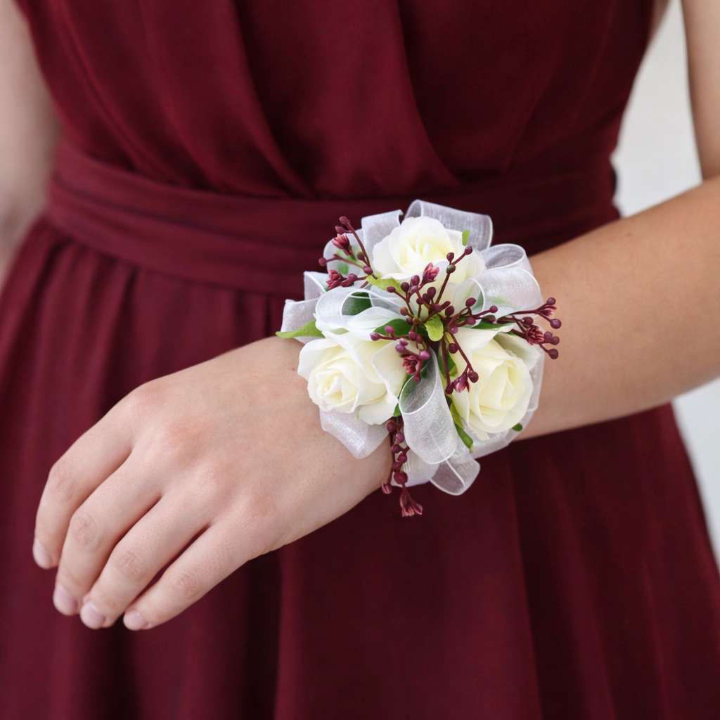 White Rose And Maroon Wrist Corsage