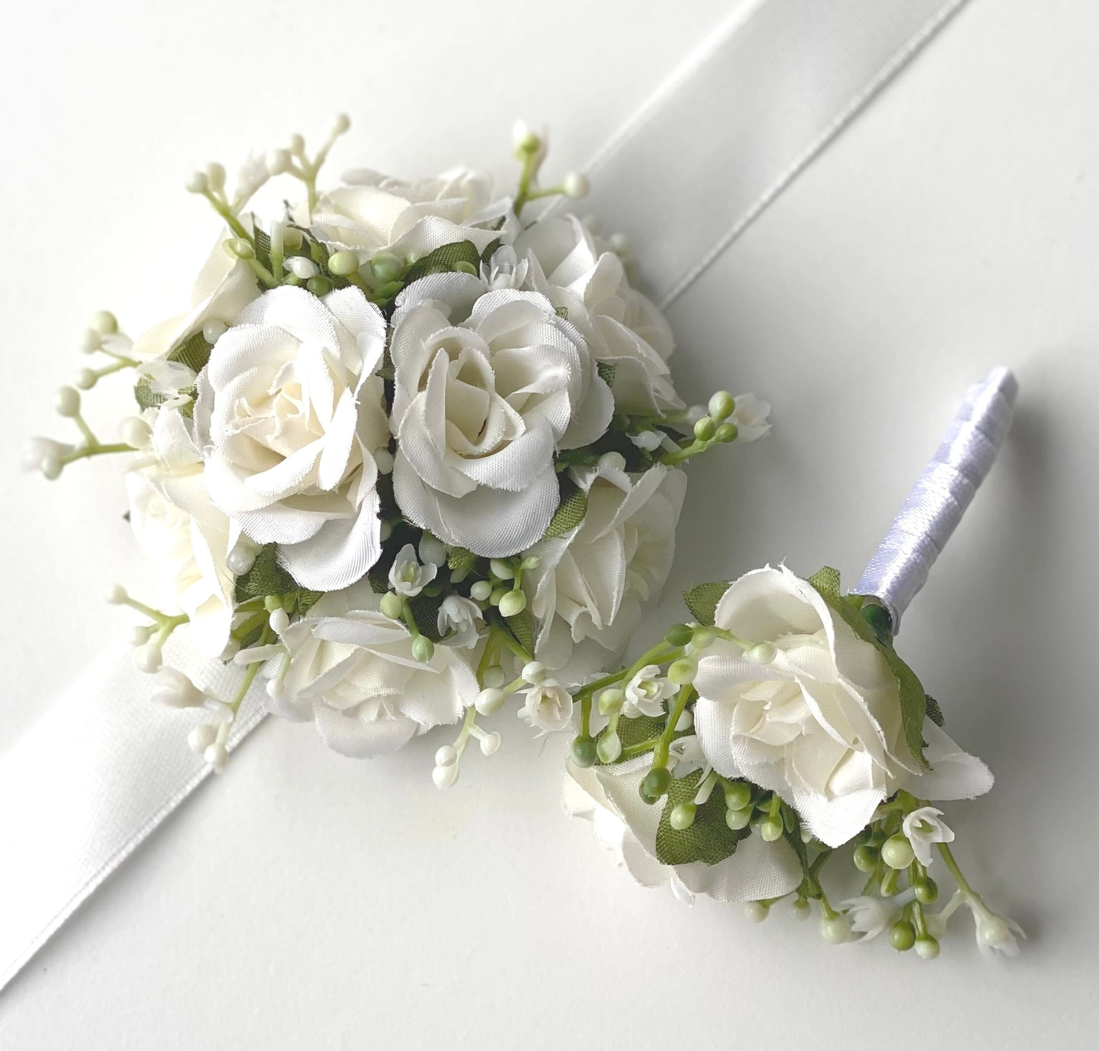 White Spray Rose Corsage Set