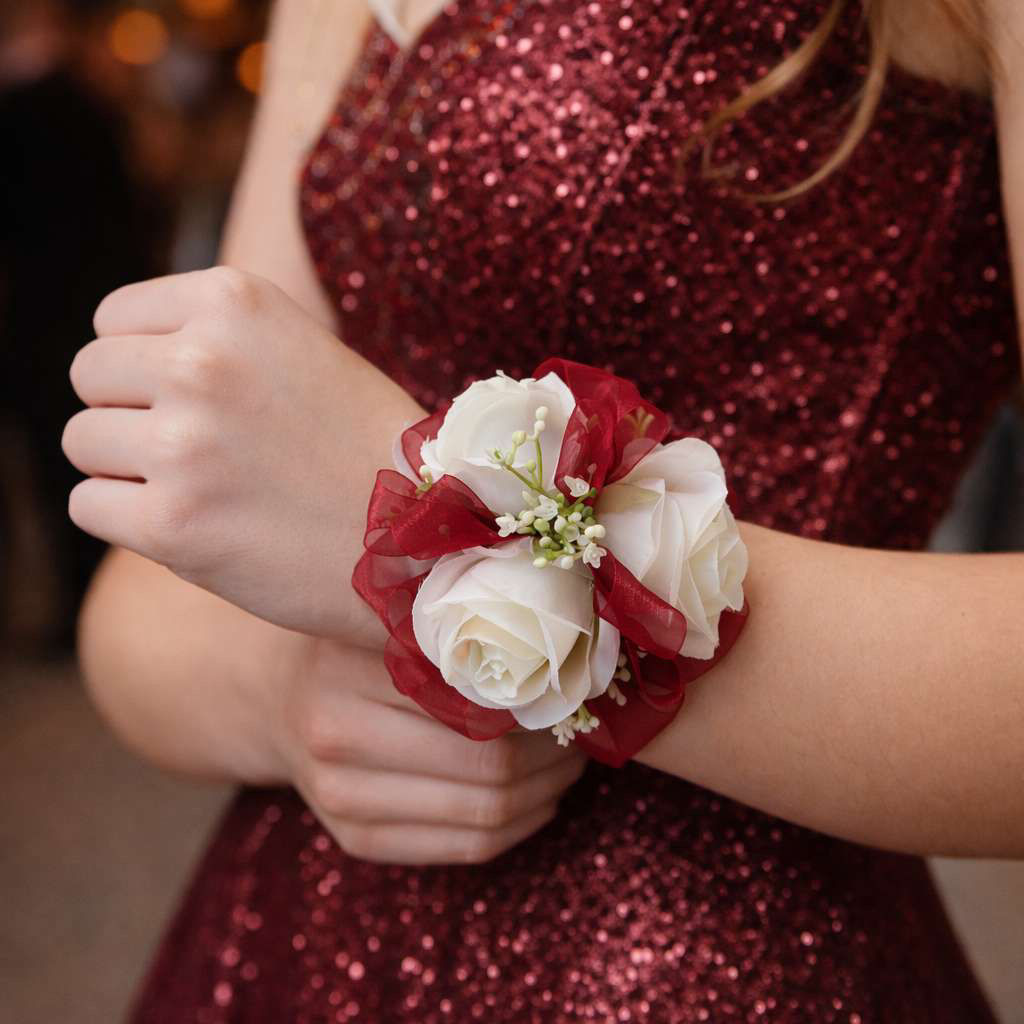 White Rose And Burgundy Wrist Corsage
