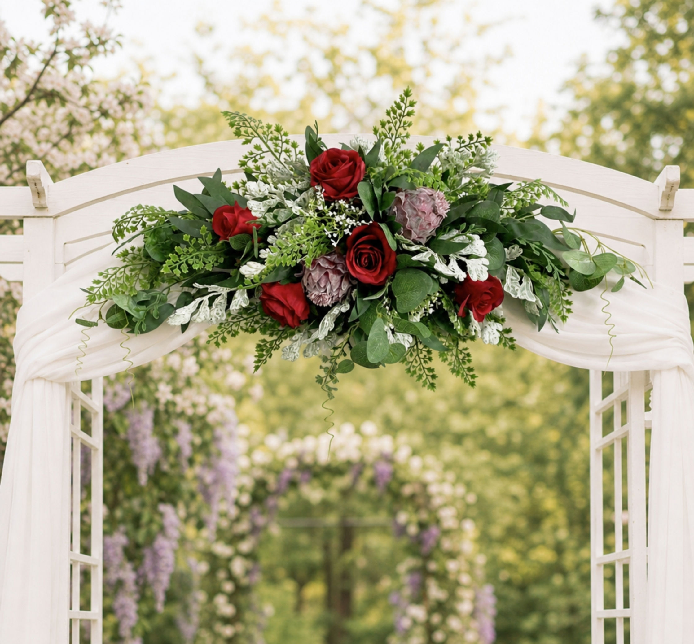 Burgundy Rose And Protea Wedding Arbour And Bridal Table Arrangement