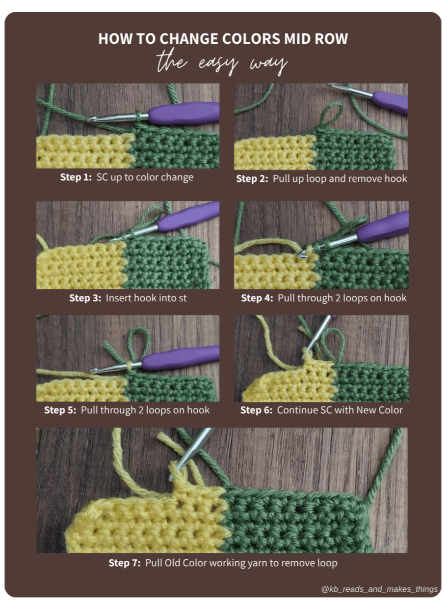 Crochet tutorial with 7 steps showing how to change yarn colors mid-row.