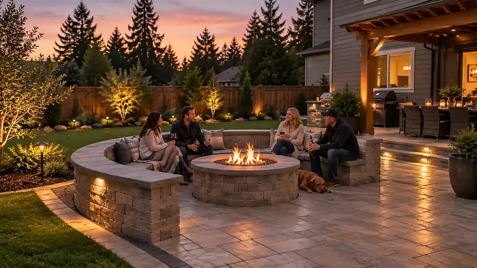 Custom circular paver fire pit with a curved seat wall lit at dusk in a Puget Sound backyard patio