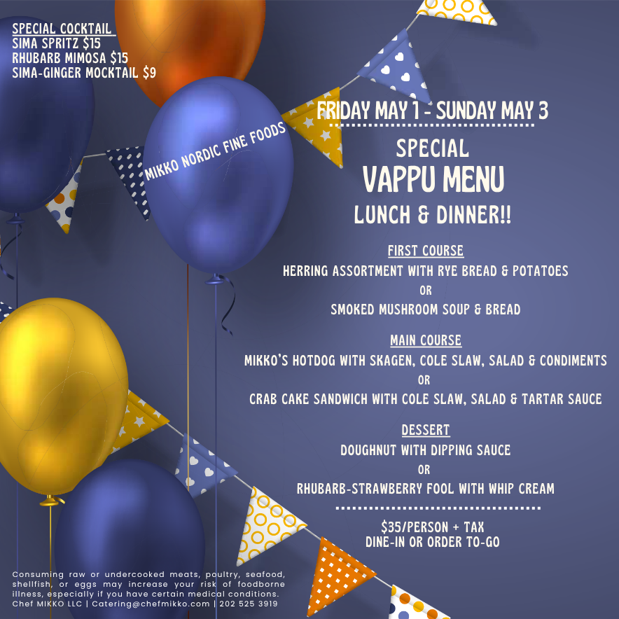 Special 3-course Lunch/Brunch & Dinner menu for May Day / Vappu weekend at MIKKO 05/03