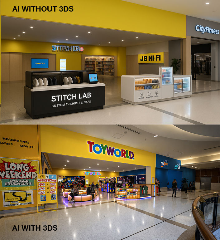 Mall storefronts comparison: top shows minimalistic kiosks at meridian mall bottom features colorful "TOYWORLD" with promotional signage.