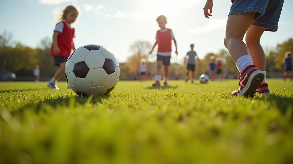 Eye-level view of preschoolers playing soccer on a grassy field