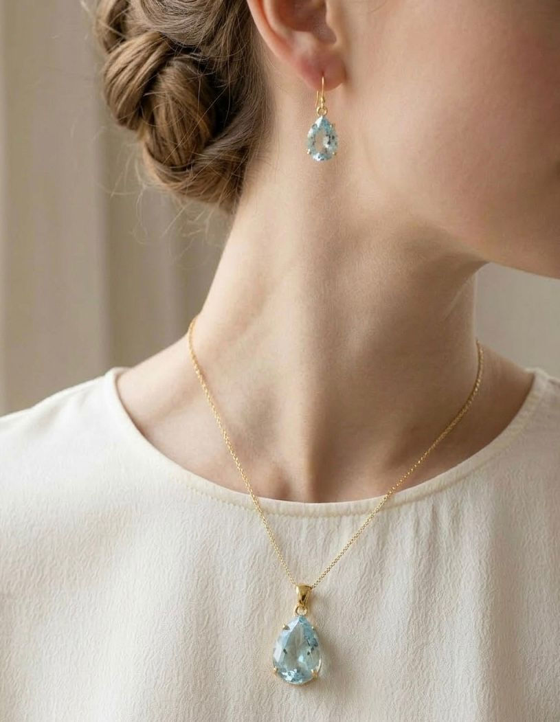 Thumbnail: Aqua Blue Gemstone Teardrop Pendant & Earrings set in Gold