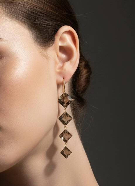 Thumbnail: Natural Gemstone Gold Earrings – Geometric Faceted Long Drop 