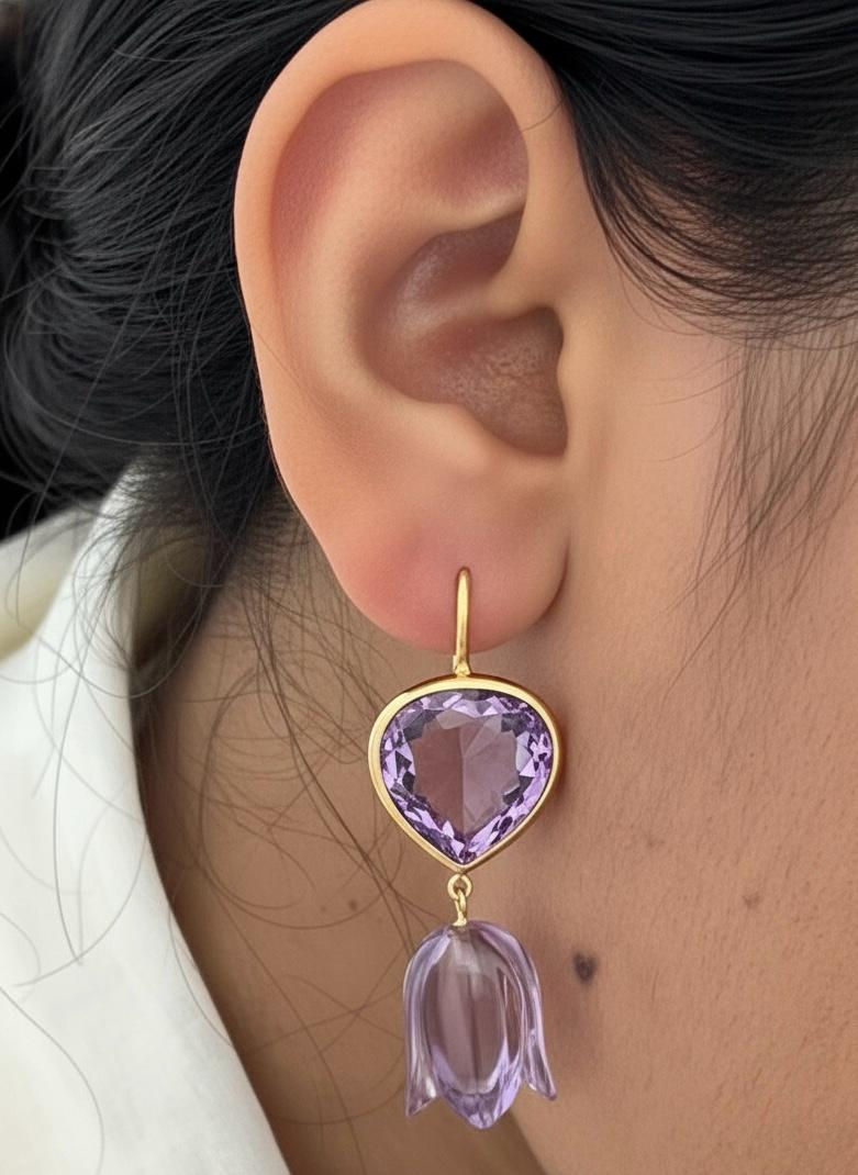 Thumbnail: Amethyst Heart and Tulip handmade Earrings