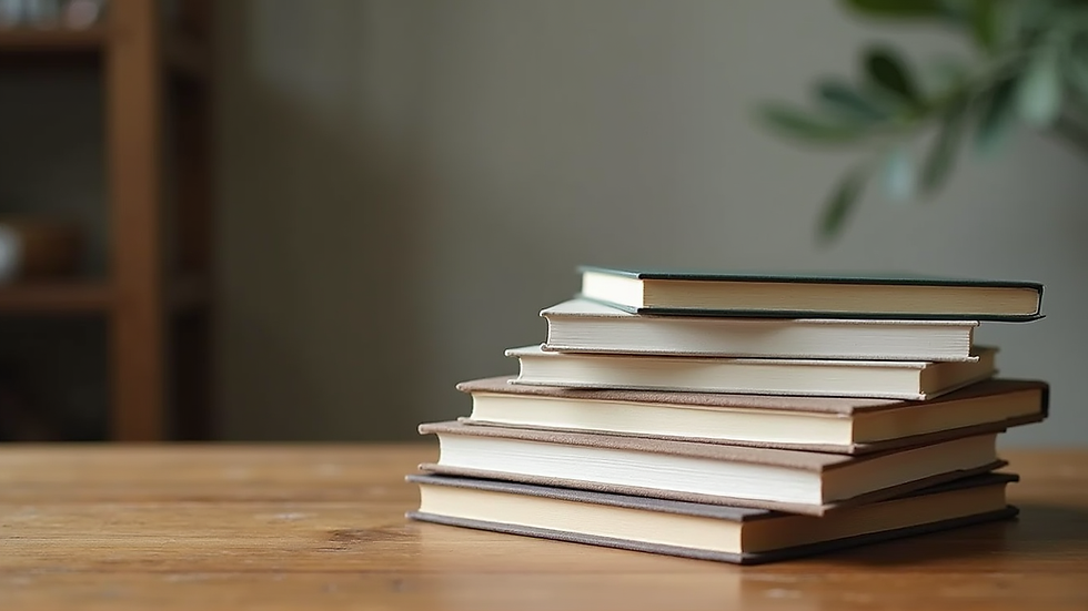 Close-up view of a stack of narrative therapy books on a wooden table