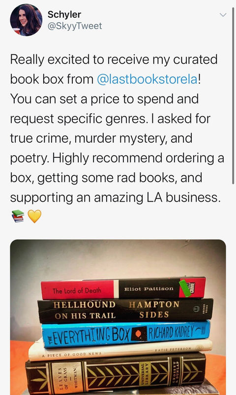 Really excited to receive my curated book box from @lastbookstorela!
You can set a price to spend and request specific genres. I asked for true crime, murder mystery, and poetry. Highly recommend ordering a box, getting some rad books, and supporting an amazing LA business.