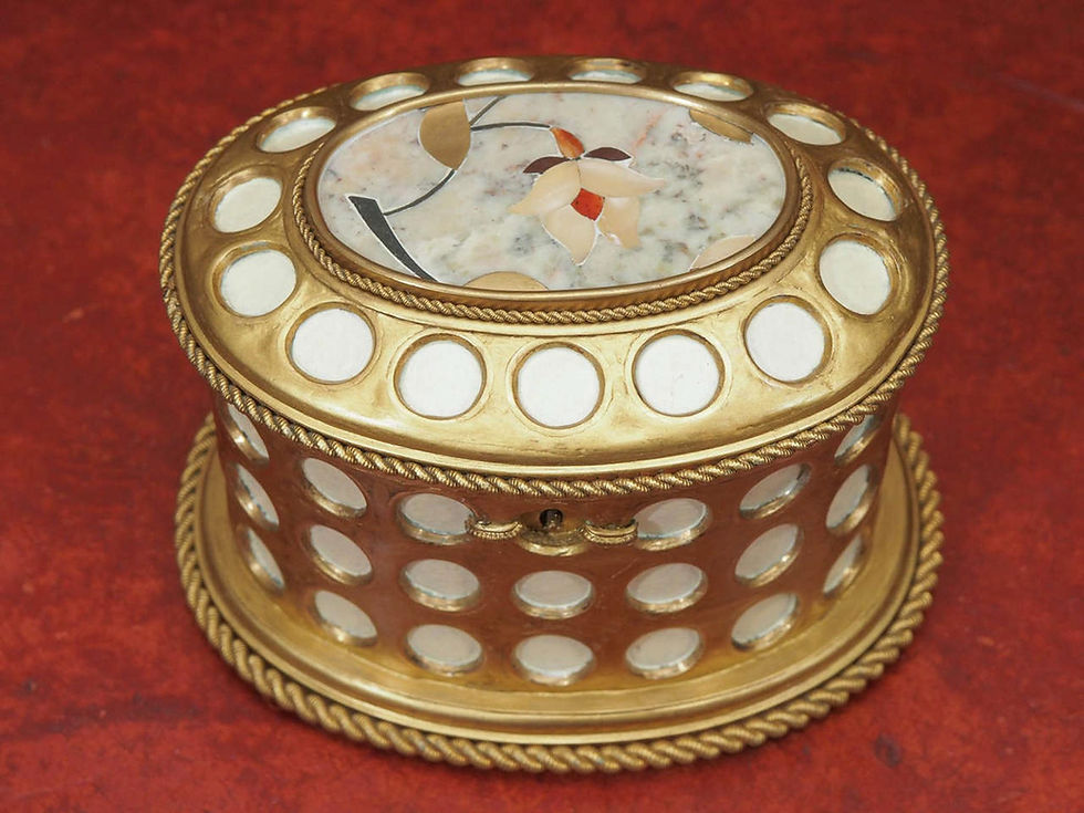 Thumbnail: CHARLES X GILT AND MOSAIC JEWELRY BOX, SIGNED “TAHAN, PARIS”