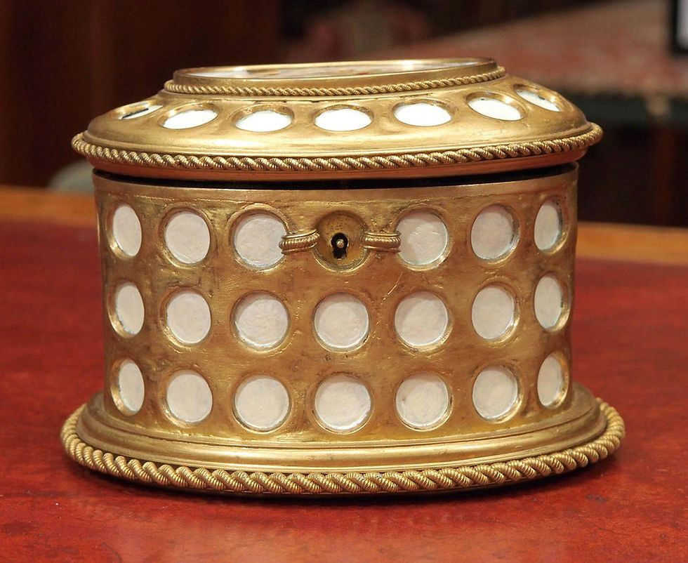Thumbnail: CHARLES X GILT AND MOSAIC JEWELRY BOX, SIGNED “TAHAN, PARIS”