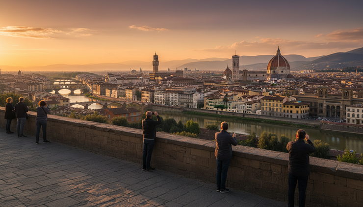 Wide-angle view of Florence from Piazzale Michelangelo at sunset.