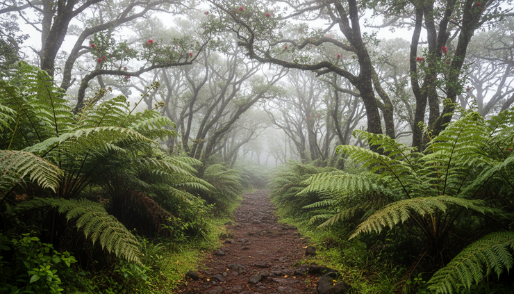 Eye-level view of a quiet path through native forest near Volcano Village.