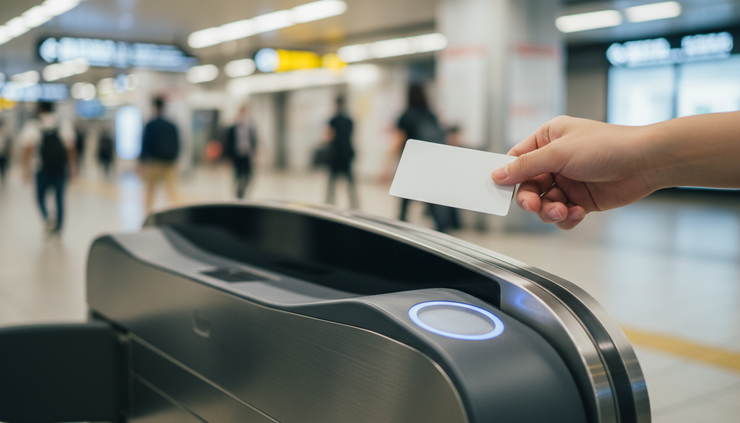 Close-up view of a prepaid transit card held near a Tokyo station gate