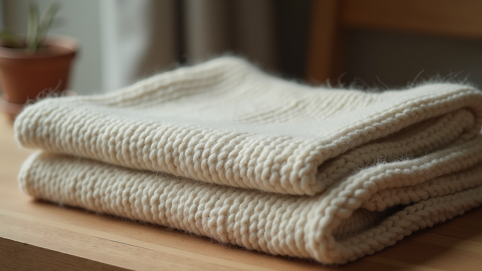 Close-up of a soft merino wool jumper folded on a wooden table