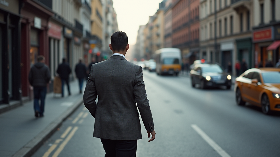 High angle view of a man wearing a checked blazer and dark trousers walking on a city street
