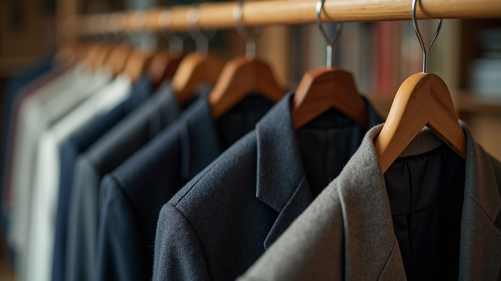 Eye-level view of a tailored wool blazer hanging on a wooden rack