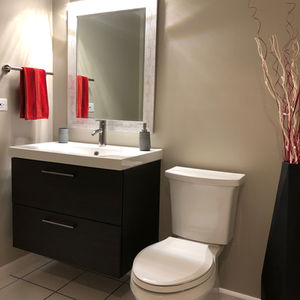 basement bathroom with new sink, mirror, lighting, and toilet