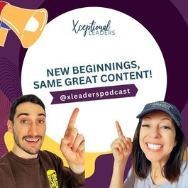 Text reads: New beginnings, same great content! @xleaderspodcast. Mai Ling and James are smiling and pointing up to the words above them.