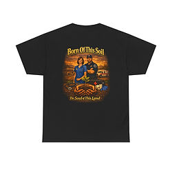 Black t-shirt with 'Born Of The Soil' graphic
