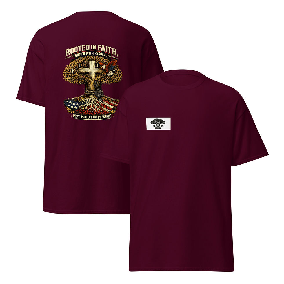 Maroon t-shirt with mushroom cloud and cross design on back, small logo on front