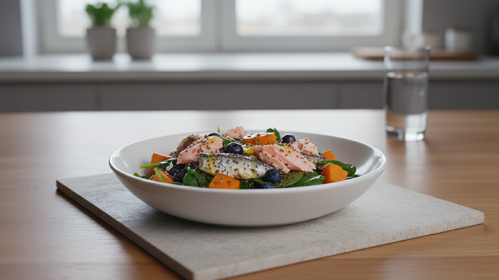 Eye-level view of a bowl of fish-based dog food with visible omega-3 rich ingredients
