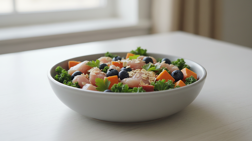 Close-up view of a bowl filled with fresh dog food ingredients