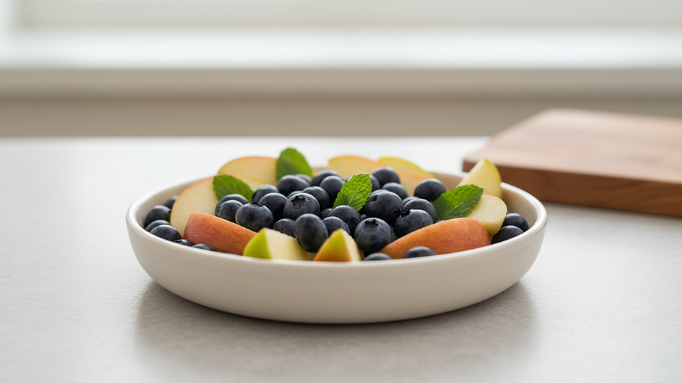 Close-up view of a bowl with safe dog fruits like blueberries and apple slices