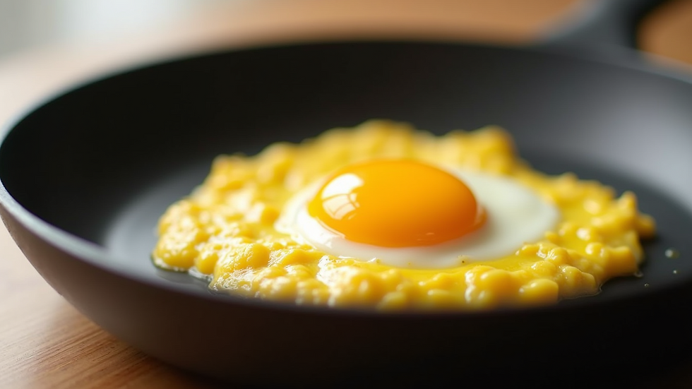 Close-up view of a scrambled egg in a pan