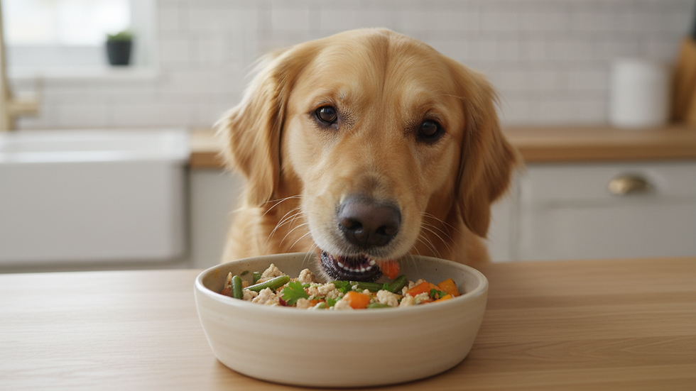 Close-up view of a dog eagerly eating a homemade meal