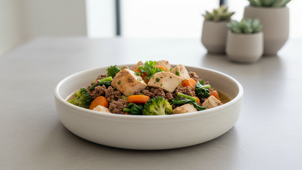 Close-up view of a bowl filled with fresh dog food containing meat and vegetables