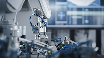 Robotics Industry Four Engineering Facility Robot Arm Moving at Different Directions. High