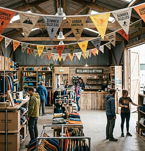 This image shows triangular eco-themed promotional bunting hanging across a rustic retail shop interior, creating a bright branded display for summer retail merchandising.