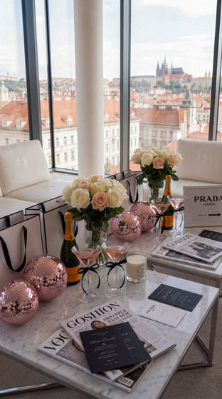 Luxusní eventová výzdoba v Praze se šampaňským, signature koktejly, růžovými růžemi, designovým stylingem, mramorovými stoly a panoramatickým výhledem na Prahu.
