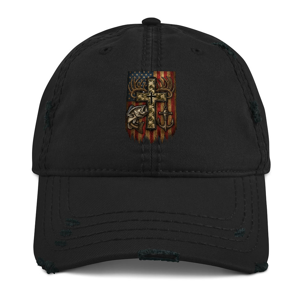 Thumbnail: Christian Patriotic Hunting Fishing Hat - Flag Antlers Bass | Distressed Cap