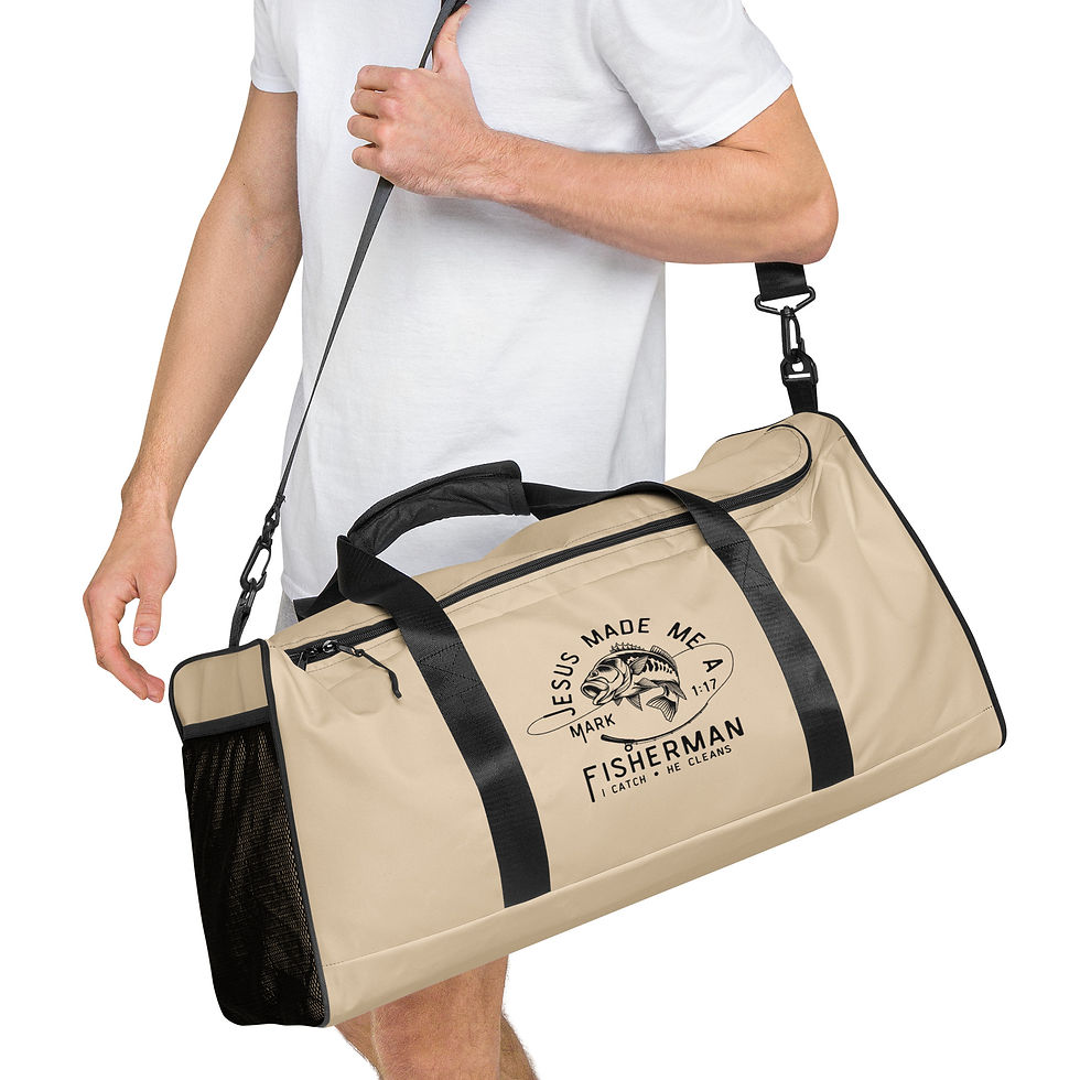 Thumbnail: Man holding beige "Jesus Made Me A Fisherman" duffel bag